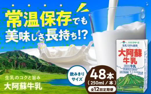 【定期便】大阿蘇牛乳 ロングライフ 250ml 48本（12本入り×4ケース）【月1回配送／12回】 12L 牛乳 生乳 成分無調整牛乳 ミルク カルシウム 牛乳 常温保存 長期保存 送料無料 【合同会社 福福堂】[AYAC060]