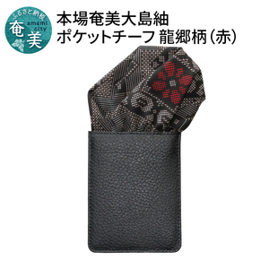 【ギフト用】本場大島紬ポケットチーフ 龍郷柄（赤）パッフドタイプ A018-002-01 パッフドタイプ スーツ 小物 高級感 挿すだけ