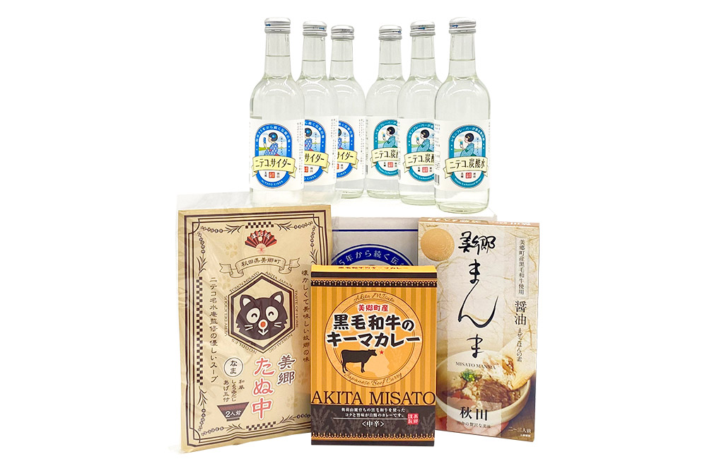 ニテコサイダー3本・ニテコ炭酸水3本とたぬ中・キーマカレー・美郷まんまのセット 炭酸飲料 カレー キーマカレー レトルト 中華麺 まぜごはん