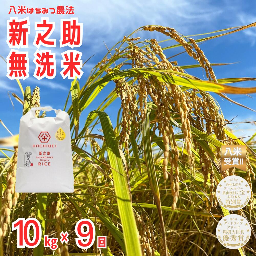 【ふるさと納税】【令和8年産新米予約】【環境大臣賞受賞】【特別賞受賞】 9ヶ月定期便 無洗米 新之助 10kg×9回 計90kg 農家直送 ほんのり甘い「はちみつ農法」 白米 精米 HACHIBEI 八米 新潟県 米 こめ コメ 新米 新米予約 令和8年度産 10月中旬より順次発送予定