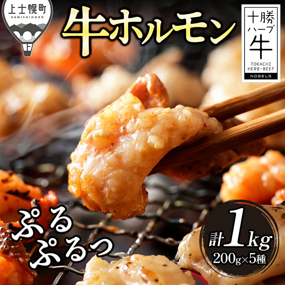 【ふるさと納税】十勝ハーブ牛 味付き ホルモン ミックス 焼肉 計1kg（200g×5種） 小分け 個包装 ぷるぷる とろとろ 国産 北海道 牛 肉 牛肉 国産牛 キャンプ アウトドア バーベキュー BBQ 冷凍 レビューキャンペーン対象品