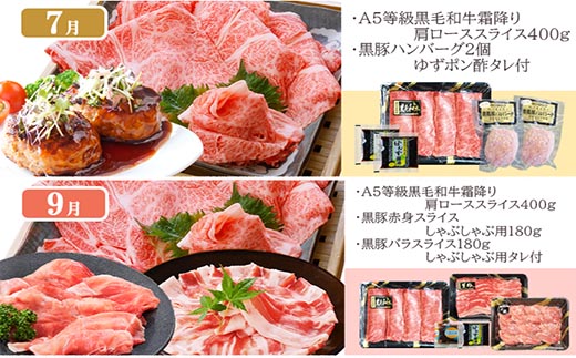 定期便(1年で10回配送)枕崎お楽しみ便(A5等級黒毛和牛・黒豚・黒豚加工品etc)II-6002【1166753】_ ふるさと納税 定期便 牛肉 豚肉 霜降り 焼肉 しゃぶしゃぶ 生姜焼き ステーキ