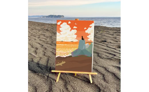 湘南・茅ヶ崎で描く、海を感じるイラストアート 『 湘南ランドスケープ09：夕暮れのサザンビーチ 』　キャンバスアートパネル（中） /絵画 風景 犬 猫