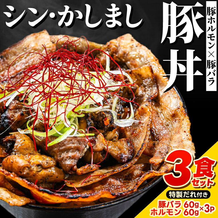 【ふるさと納税】～最強の鹿島アントラーズサポーター応援メシ～ かしまし豚のホルモン×豚バラ丼 3食セット 特製だれ付き（炭火焼）【かしまし豚 ホルモン 豚バラ 食べ比べ セット】（KDQ-10）