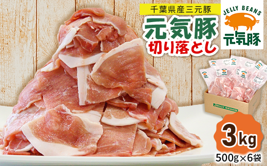【小分けで便利】国産 元気豚 切り落とし 3kg(500g×6袋)　千葉県産三元豚　パラパラ凍結【配送不可地域：離島・北海道・沖縄県】