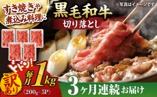 【第3回定期便】【訳あり】 切り落とし 1.0kg (200g×5) 長崎和牛 黒毛和牛 【夢ファームシュシュ】 [WF38] 肉 牛肉 しゃぶしゃぶ すき焼き 訳アリ ワケあり 定期便