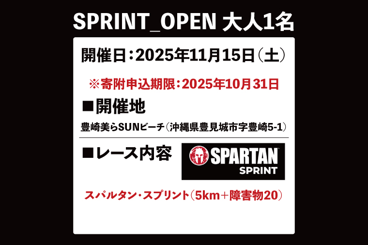 スパルタンレース沖縄2025参加チケット【SPRINT_OPEN】大人1名様｜レース 障害物レース スパルタン スパルタンレース チケット 体験チケット 体験 健康 ランニング トレーニング 沖縄県 豊見城市(DP004)