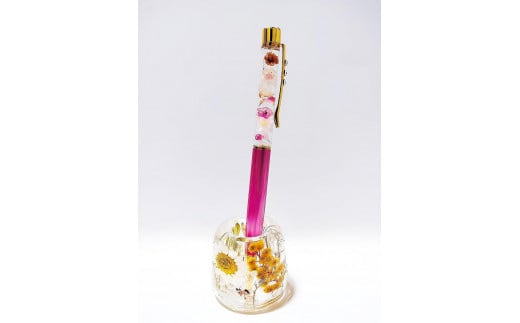【Art grace】クリスタルハーバリウムボールペン(ローズピンク)＆ハーバリウムペン立て(イエロー)セット