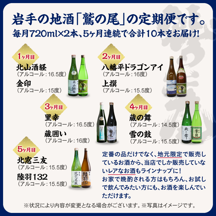  鷲の尾 5ヶ月定期便 ／ 720ml×毎月2本【地酒10種飲み比べ】 ／ 日本酒 地酒 おさけ お酒 さけ 酒 わしのお わしの尾 【澤口酒店】
