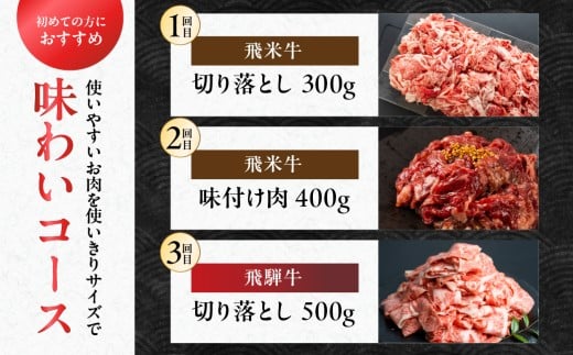 【味わいコース】飛騨牛 × 飛米牛 全3回 ブランド牛 定期便 切り落とし 国産 ブランド牛 食べ比べ セット 牛肉 肉 和牛 切落し 炒め物 お楽しみ 定期 3回 毎月 冷凍 お届け 飛騨市 30000円 3万円