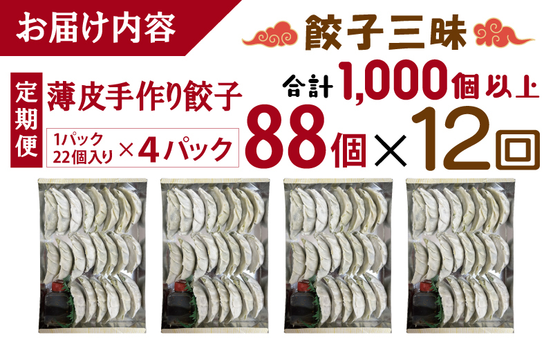 【合計1000個以上】餃子三昧 定期便 88個×12回【自家製 薄皮 手作り ぎょうざ 惣菜 毎月配送】 099Z335_イメージ4