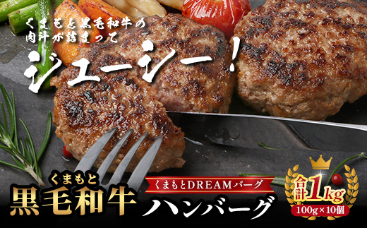 くまもと黒毛和牛  DREAMバーグ 100g×10個 【計1kg】 生 ハンバーグ 牛肉 100％ ブランド牛 黒毛 和牛 お弁当 熊本 上質 肉 惣菜 冷凍 小分け 熊本県 113-0540