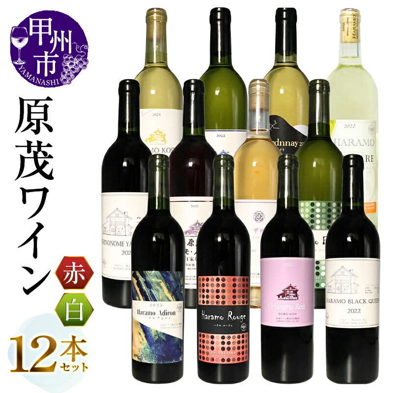 【ふるさと納税】 ワイン 赤 白 750ml 12本 甘口 辛口 ライトボディ ミディアムボディ ハラモ アジロン ルージュ ブラン シャルドネ 甲州 メルロー アルモノワール シュールリー デラウェア 原茂ワイン 母の日 父の日 記念日 ギフト 山梨県 甲州市 （MG） 【K7-650】