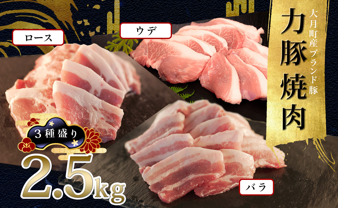 
【高知県 大月町産ブランド豚】力豚焼き肉 3種盛り2.5kg
