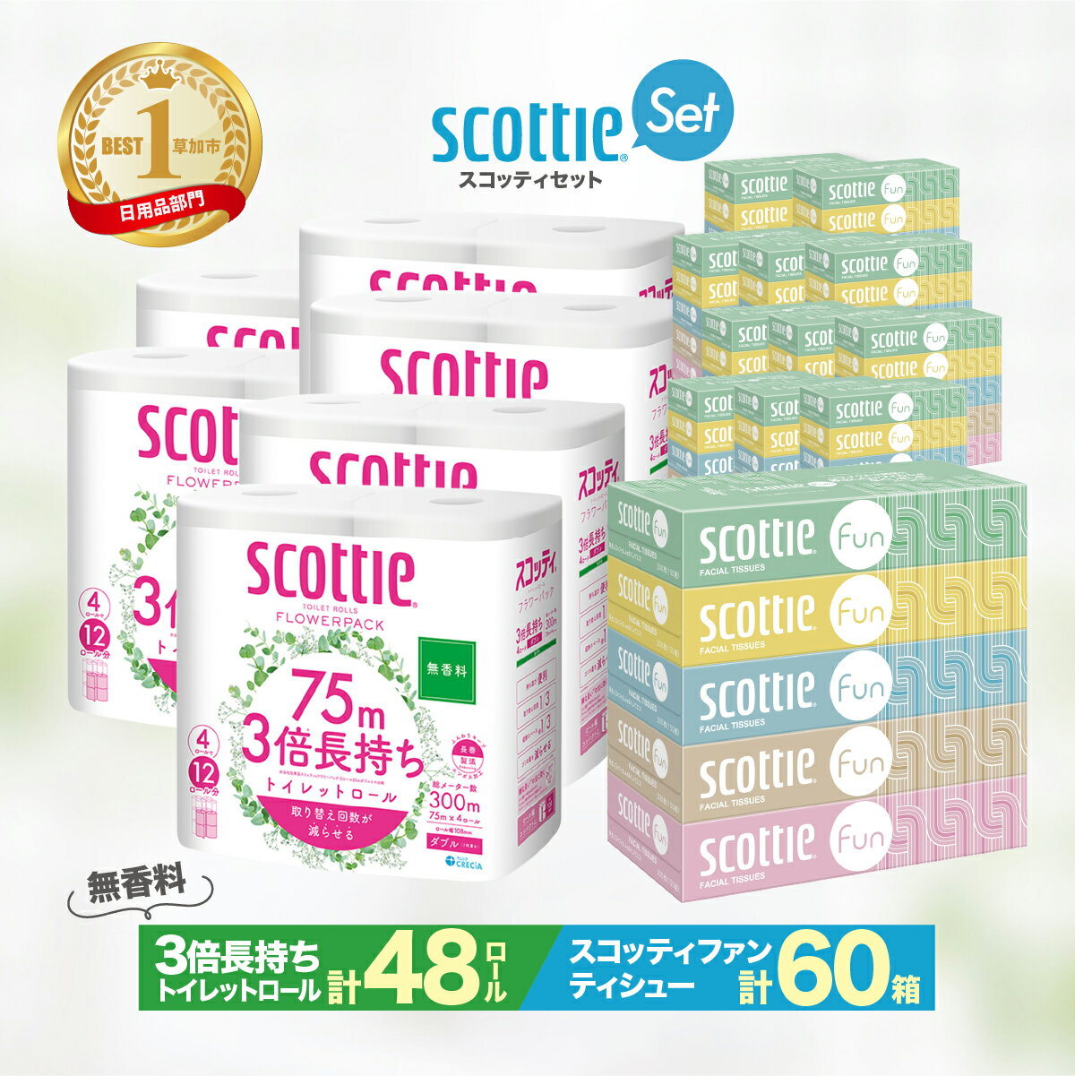 【ふるさと納税】トイレットペーパー ティッシュペーパー 日用品セット / スコッティティシューフラワーパック3倍長持ちトイレットロール 無香料4R×12P 48ロール / スコッティティシュー ファン 150組5箱×12パック 60箱【最短10日〜3週間程度発送予定】 ｜ 埼玉県 草加市