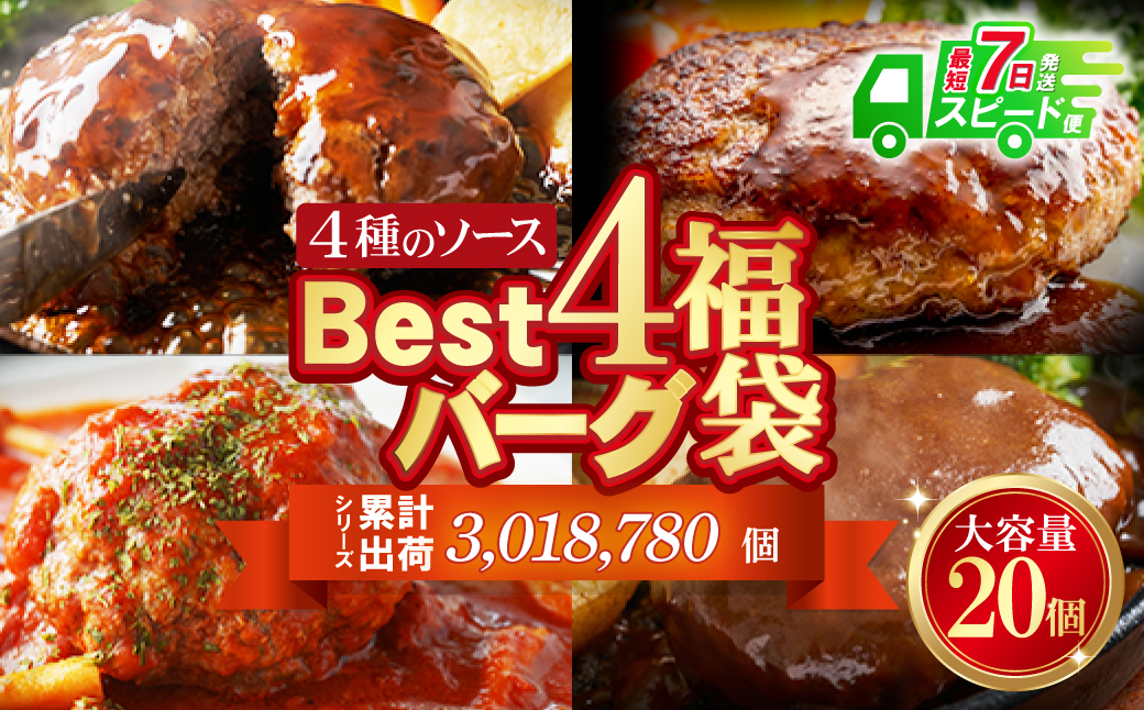 【7営業日以内発送】【累計370万個突破！】 大容量！Best4バーグ ハンバーグ 150g×20個セット（合挽4種 各5個）ハンバーグ 牛肉 豚肉 洋食 ハンバーグ はんばーぐ 大容量 冷凍 人気 ハンバーグ 4種類 手軽 冷凍 3kg おすすめ おかず 肉 ハンバーグ お得