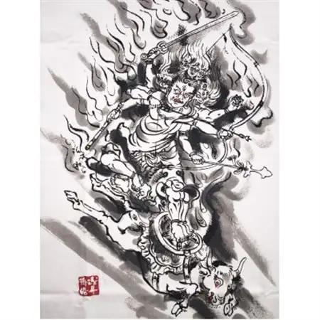 手描きTシャツ 仏画 大威徳明王 白 (半袖 Mサイズ)【1615022】
