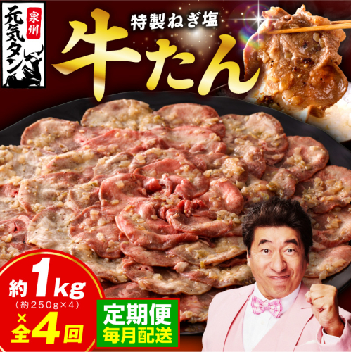 【定期便】 特製 牛たん 1kg 全4回【毎月配送コース 小分け 250g×4P ねぎ塩 牛タン 牛肉 焼肉用 薄切り 訳あり サイズ不揃い】 099Z463
