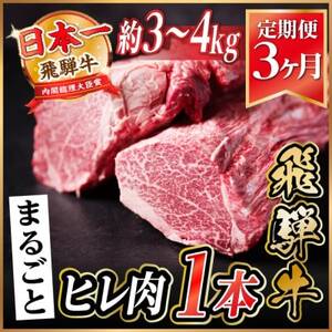【毎月定期便】飛騨牛 ヒレ1本(約3～4kg)【シャトーブリアン＆ヒレ】冷蔵便 ステーキ全3回【配送不可地域：離島】【4084143】