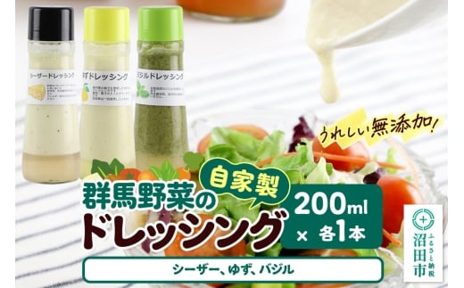 自家製・群馬産野菜で手作りドレッシング（シーザー、ゆず、バジル）200ml×各1本 泙川食品
