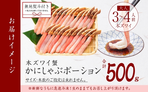 3546. 無地熨斗 本ズワイガニ かにしゃぶ ポーション 500g 3-4人前 生食可 カット済み カニ 蟹 生 ズワイ 本ズワイ 生食 刺身 かにしゃぶ ずわい ずわいがに 蟹しゃぶ かに かに足