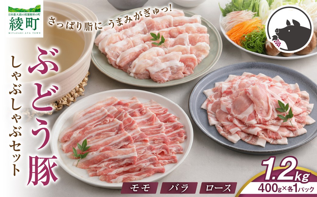 
                  【希少】 宮崎県産 ブランド豚 「綾ぶどう豚」 しゃぶしゃぶセット 1.2kg (400g×3パック)  【モモ 豚バラ ロース 食べ比べ 国産 ブランド豚 豚肉 小分け 冷凍 冷しゃぶ 鍋 豚しゃぶ しゃぶしゃぶ肉 冷凍 和豚 ポーク 人気 おすすめ 送料無料 綾町】_A0013-015
                