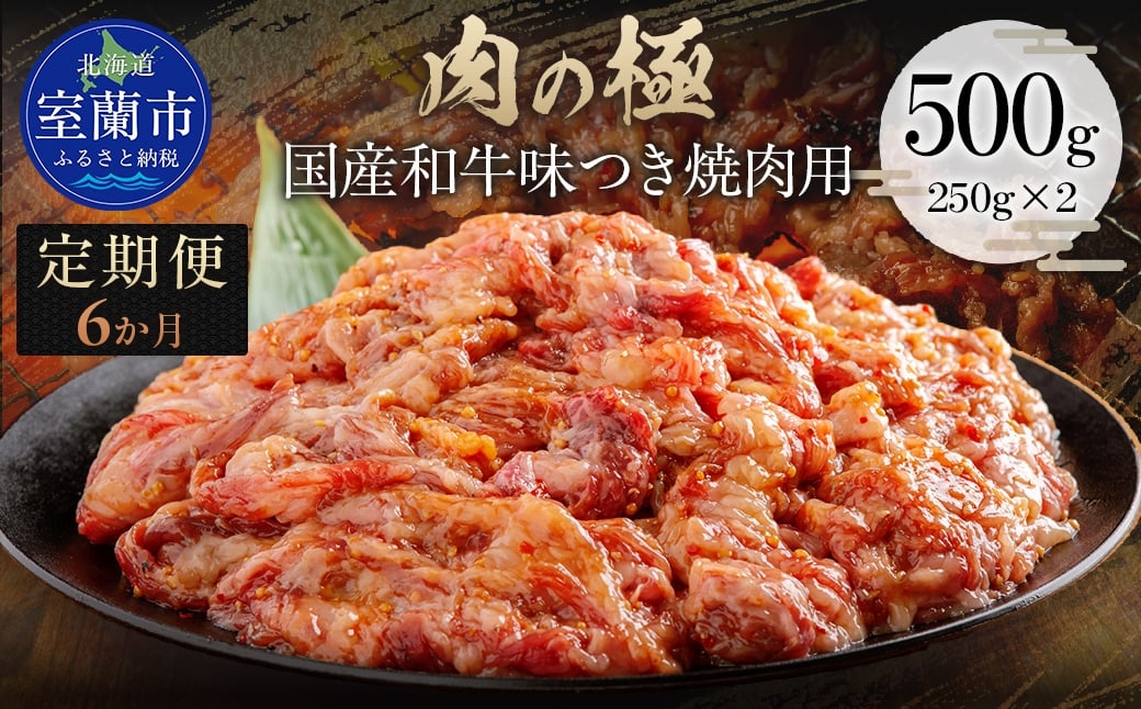 
            【6か月定期便】国産和牛味つき焼肉用 500g (250g×2) 【ふるさと納税 人気 おすすめ ランキング 肉 牛肉 和牛 国産和牛 牛 国産 国産牛 にく ニク 味付き 焼肉 バーベキュー BBQ 北海道 室蘭市 送料無料】 MROBM011
          