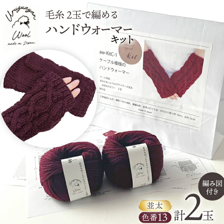 【ふるさと納税】 手芸 編み物 毛糸 2玉で編めるケーブル模様のハンドウォーマーキット 13番色 [長谷川繊維 愛知県 江南市 ko23btu780006] 編み物 編み物キット ハンドウォーマー 毛糸 ウルグアイウール 模様編み 編み図付き