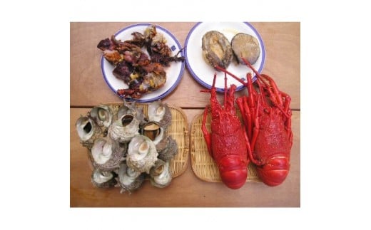 ＜伊豆の恵み4種　大盛り＞ボイルサザエ・味噌汁用カット伊勢海老・あわび味噌漬・蒸し伊勢海老