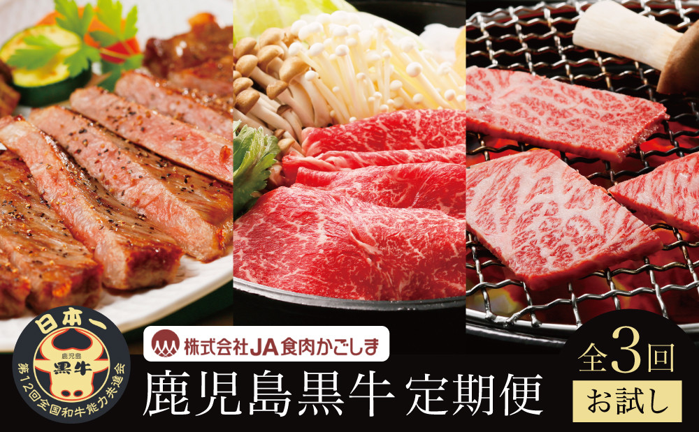 
                  【JA食肉かごしま】鹿児島黒牛 お試し定期便（全3回） 和牛日本一の「鹿児島黒牛」お肉 ステーキ すき焼き しゃぶしゃぶ 黒毛和牛 牛肉 冷凍 定期便 南さつま市
                