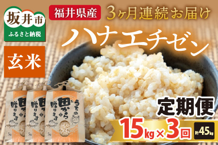 【先行予約】【令和8年産・新米】定期便 ≪3ヶ月連続お届け≫ ハナエチゼン15kg×3回 計45kg ～本原農園からまごころコメて～（玄米）【2026年9月上旬以降順次発送予定】 [I-8906_02]