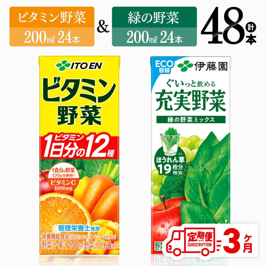 【3ヶ月定期便】【3ヶ月定期便】伊藤園 ビタミン野菜(紙)24本＋緑の野菜(紙)24本　野菜ジュース 飲料[C07371t3]