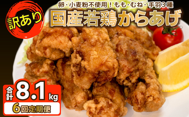 
            訳あり 唐揚げ 定期便 計 8.1kg 冷凍 からあげ 骨なし モモ ムネ 手羽  ( 6回 6ヶ月 隔月 真空パック 小分け 国産 若鶏 味 簡単調理 もも肉 胸肉 鶏もも 鶏むね 手羽先 手羽中 手羽元 惣菜 弁当 晩ごはん おかず 名物 肉特集 からあげ藤家 フライドチキン グルテンフリー ) 下関 山口
          