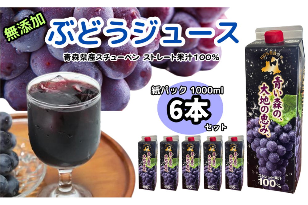 
            ぶどうジュース 紙パック 1L×6本入り 無添加 ストレート果汁100％ スチューベンジュース 青森県産【レビューキャンペーン】
          