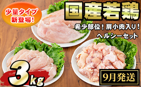 【0074805a-2609】＜2026年9月発送予定＞国産若鶏肉ヘルシーセット(合計3kg・ムネ、ささみ、肩小肉) 鶏肉 鳥肉 とり肉 むね肉 おかず 小分け 国産 【エビス】