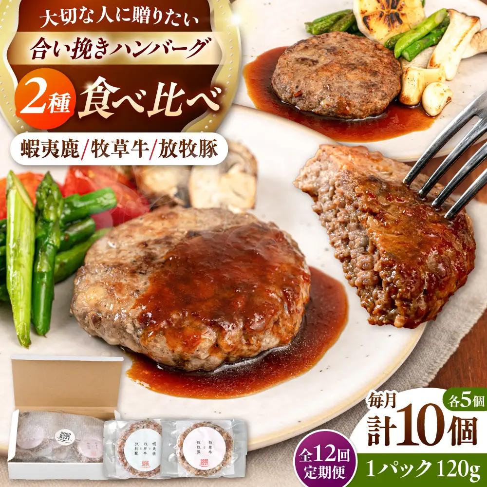 【全12回定期便】ハンバーグ 食べ比べ 10個セット（蝦夷鹿/牧草牛/放牧豚）  鹿肉 牛肉 豚肉 セット 食べ比べ 小分け 冷凍 北海道 [AXBP049]