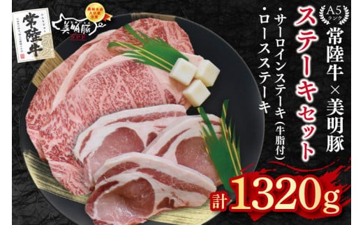 
                  【常陸牛 A5ランク・美明豚ステーキセット】常陸牛サーロインステーキ900g（300g×３枚）＋美明豚ロースステーキ420g（140g×３枚） 冷凍 和牛 牛肉 豚肉 ブランド豚 食べ比べ ステーキ お取り寄せ 肉の加治 茨城県 水戸市（EK-21）
                