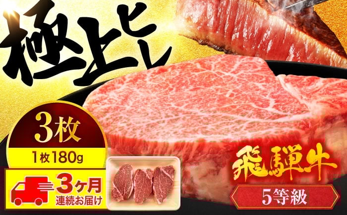 
                  飛騨牛 【3回定期便】ヒレステーキ 180g×3枚 計540g 総計1.62kg【有限会社マルゴー】A5ランク ステーキ 和牛 国産 [MBE043]
                