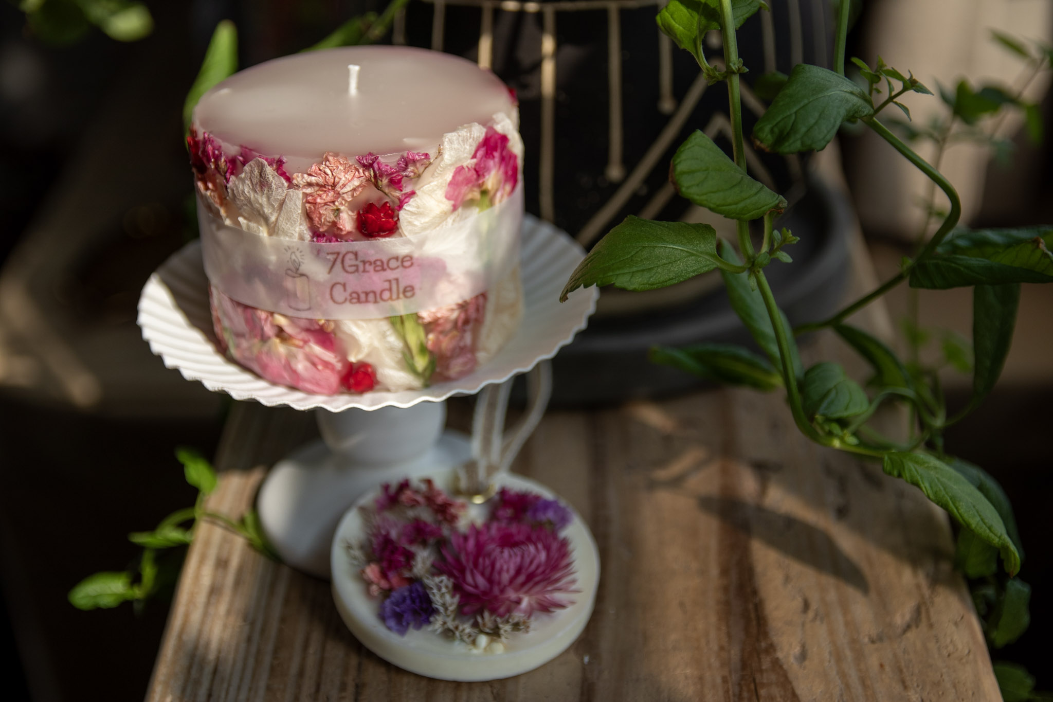 NO1137 ボタニカルキャンドルとアロマサシェのセット ピンク / インテリア 雑貨 ドライフラワー ハンドメイド プレゼント ギフト