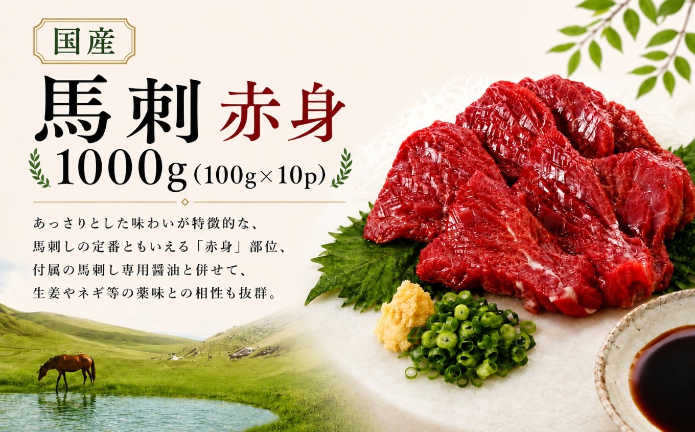 
                  馬刺し 国産 赤身 1000g（100g×10p） 馬刺しの長野屋 | 馬刺し 赤身 ロース タレ付き 鮮馬刺し 馬刺し 馬刺 長野 信州 馬肉 お肉 刺身 冷凍 真空パック 小分け 送料 無料 伊那 信州【021-49】
                