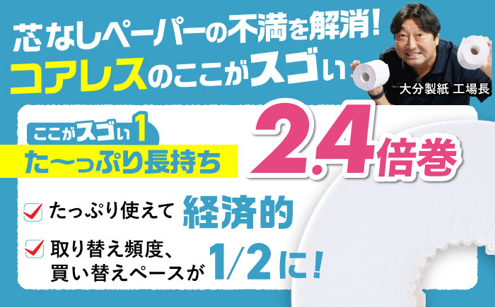 【隔月配送 全6回定期便】トイレットペーパー ダブル 24ロール 長巻き 65m (6ロール×4パック) 宅配 エコワンタッチ コアレス《豊前市》【大分製紙】 日用品 消耗品 常備品 大容量 [VAA