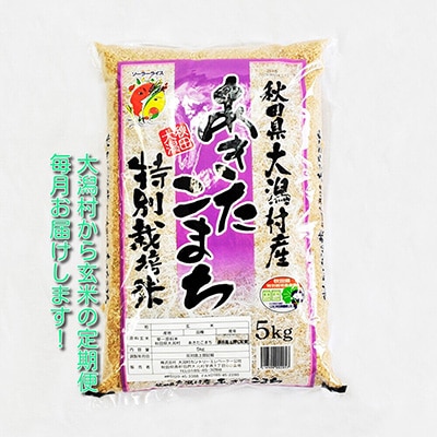 2023年6月発送開始『定期便』【玄米】大潟村産の美味しい「特別栽培米あきたこまち5kg」全12回【配送不可地域：離島・沖縄県】