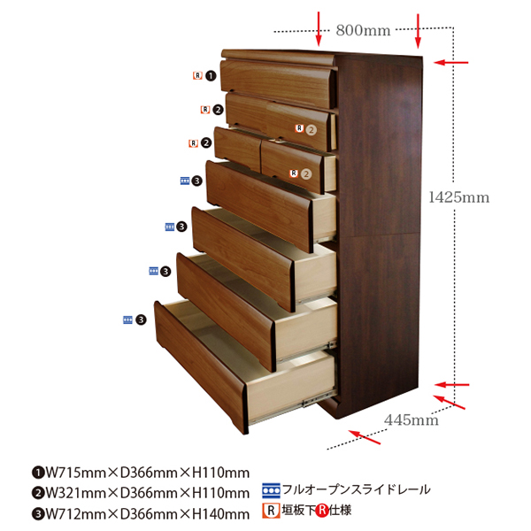 80HC無垢材使用チェスト蓮（BR）【諸富家具】：C176-004_イメージ3
