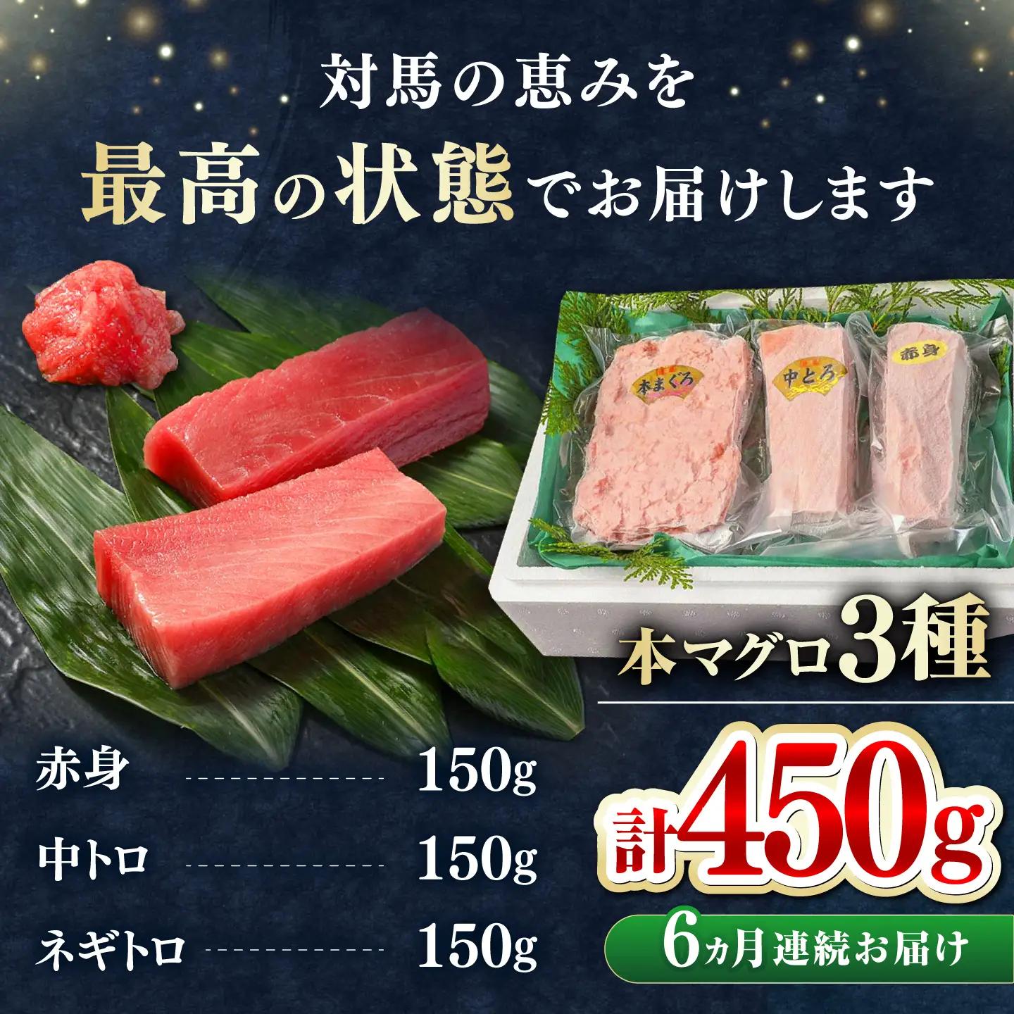 【全6回定期便】対馬産 本マグロ 3種 計450g（赤身/中トロ/ネギトロ） [WAH013] マグロ まぐろ 本マグロ トロ 赤身 ネギトロ 