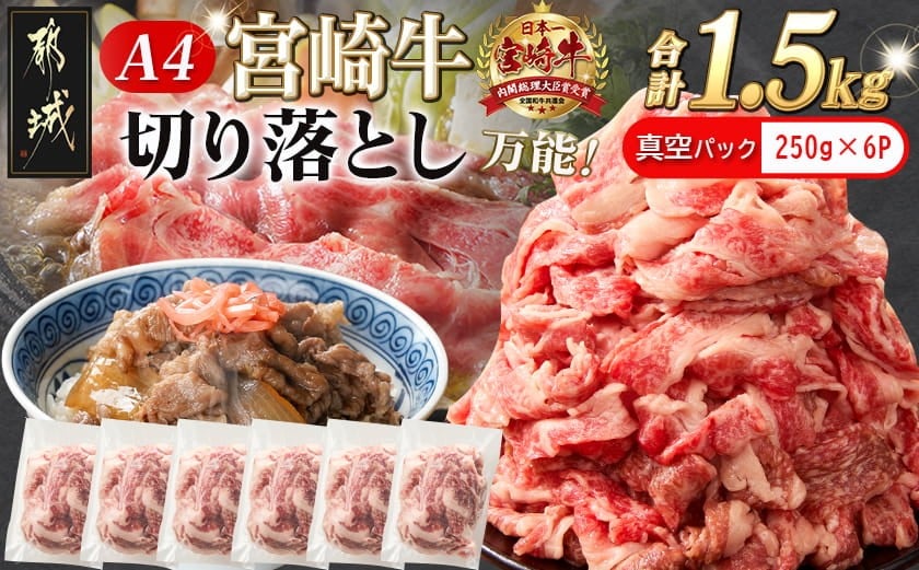 
                  宮崎牛切り落とし1.5kg(真空)_AC-8910-s_(都城市) 牛肉 国産黒毛和牛 ブランド牛切り落とし肉 250g×6パック 真空 合計1.5キロ 切り落とし 牛丼 炒め物に
                