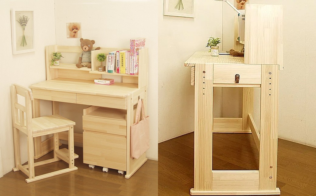 ハンドメイド パイン材 学習机「ステップアップ」4点セット 