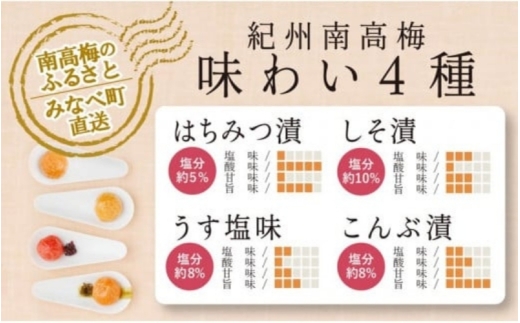 紀州南高梅 食べ比べ4種セット 千年の知恵  800g 特選A級 ｜ はちみつ しそ こんぶ うす塩 紀州南高梅 梅干し 梅 うめぼし 和歌山県 みなべ町 はちみつ梅 しそ梅 こんぶ梅 うす塩味 和歌