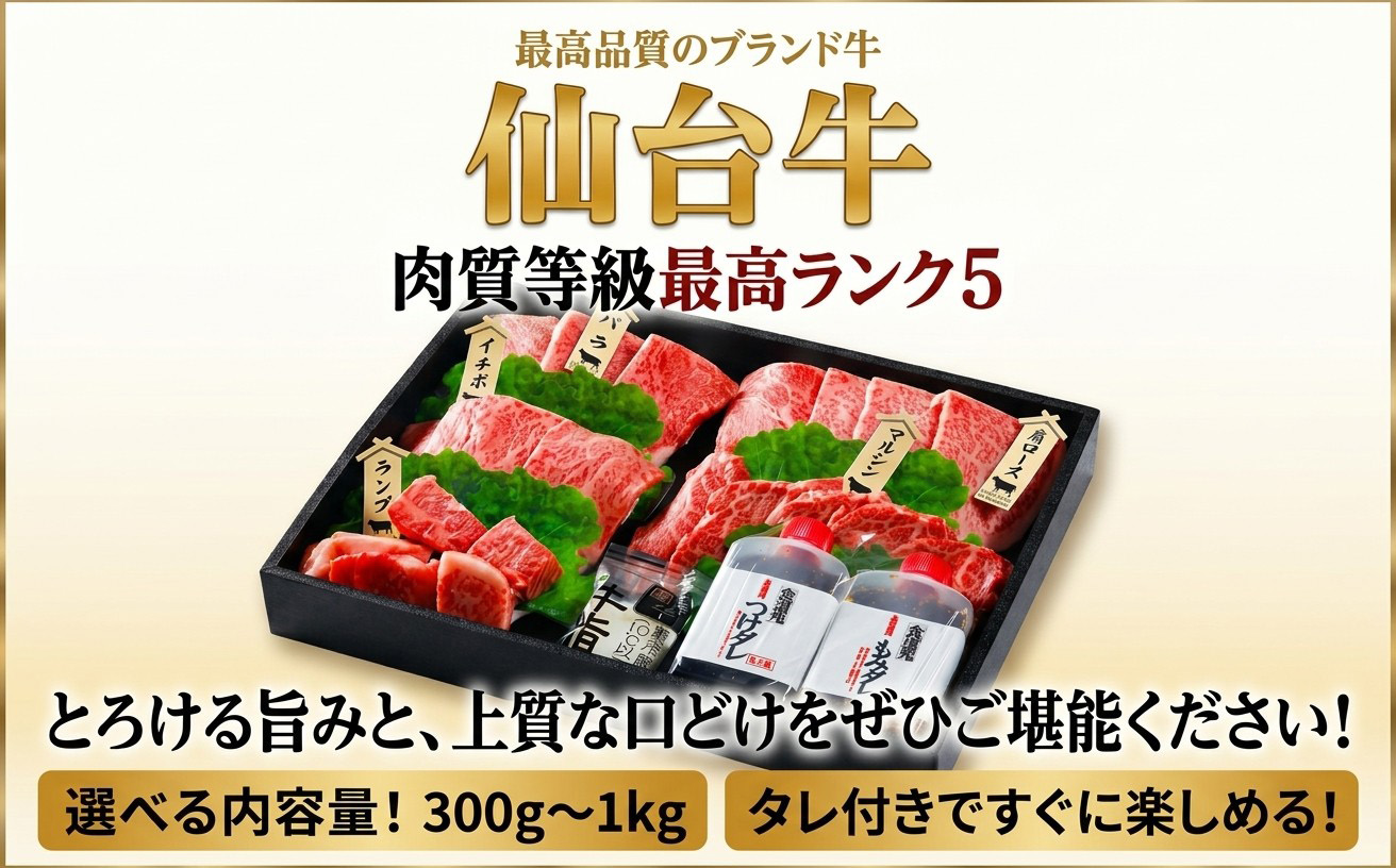 仙台牛 焼肉盛り合わせ 300g｜宮城県大崎市 古川ミート製造・A5等級使用・タレ付き・冷凍便 肉 牛肉 焼肉 仙台牛 古川ミート 国産牛 盛合わせ 食べ比べ ふるさと納税 焼肉 送料無料｜fm029-300g