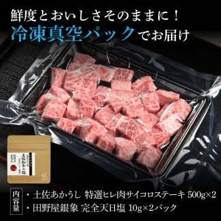 特選 ヒレ肉サイコロステーキ 土佐あかうし 長期熟成肉 500g×2 合計1kg 田野屋銀象 完全天日塩付き ヒレ肉 ステーキ 肉 お肉 和牛 牛肉 国産 牛 熟成肉 豪華 贅沢 真空パック 冷凍_イ