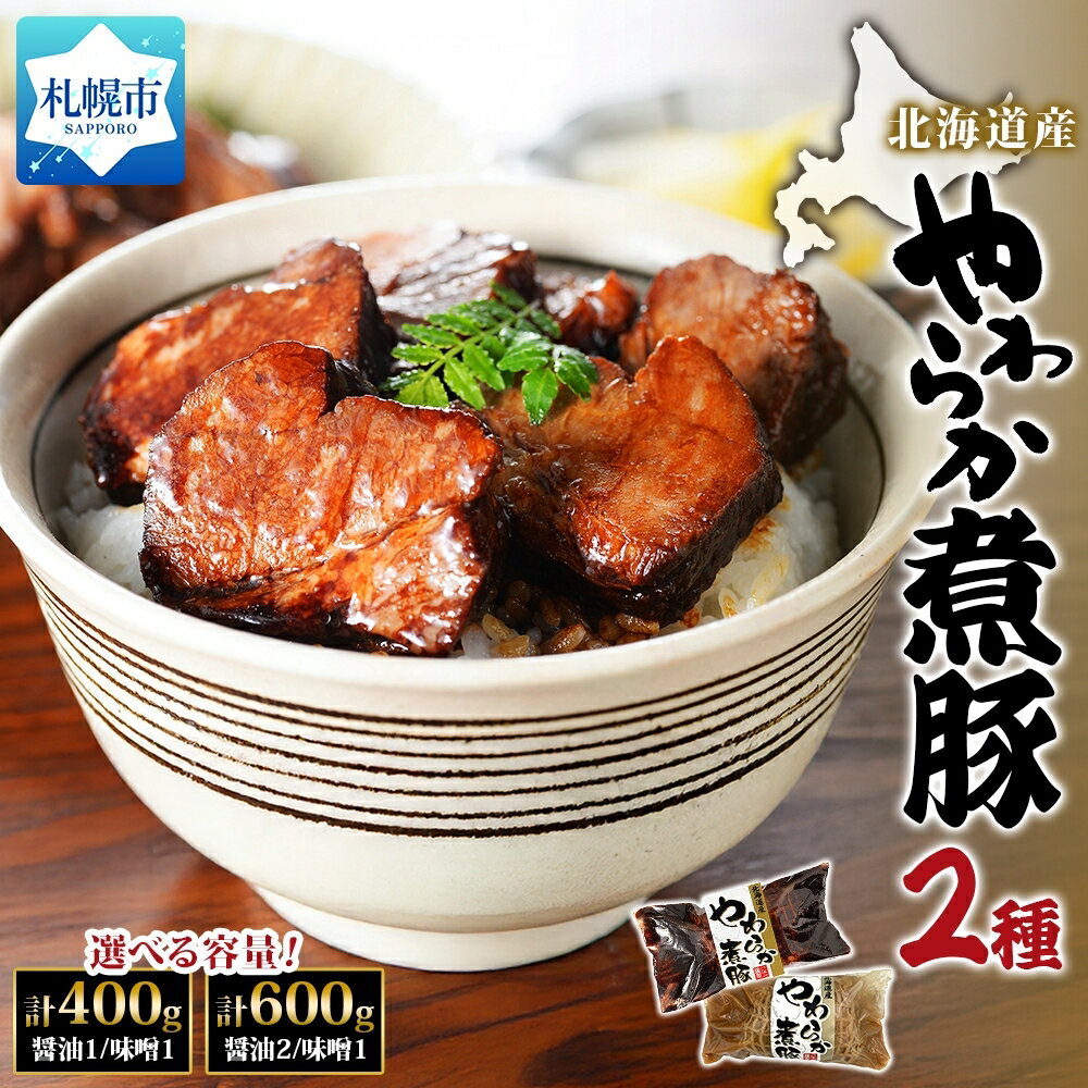 【ふるさと納税】 北海道産 やわらか煮豚 2種 【 選べる 容量 】 計400g 計600g 味噌 醤油 北海道 煮豚 豚 ぶた 豚肉 豚肩 おつまみ オードブル 煮豚丼 湯煎 簡単 調理 お取り寄せ グルメ 贅沢 やわらか 札幌バルナバフーズ 冷凍 北海道 札幌市